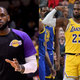 Left: LeBron James of the Los Angeles Lakers. Right: Los Angeles Lakers player LeBron James